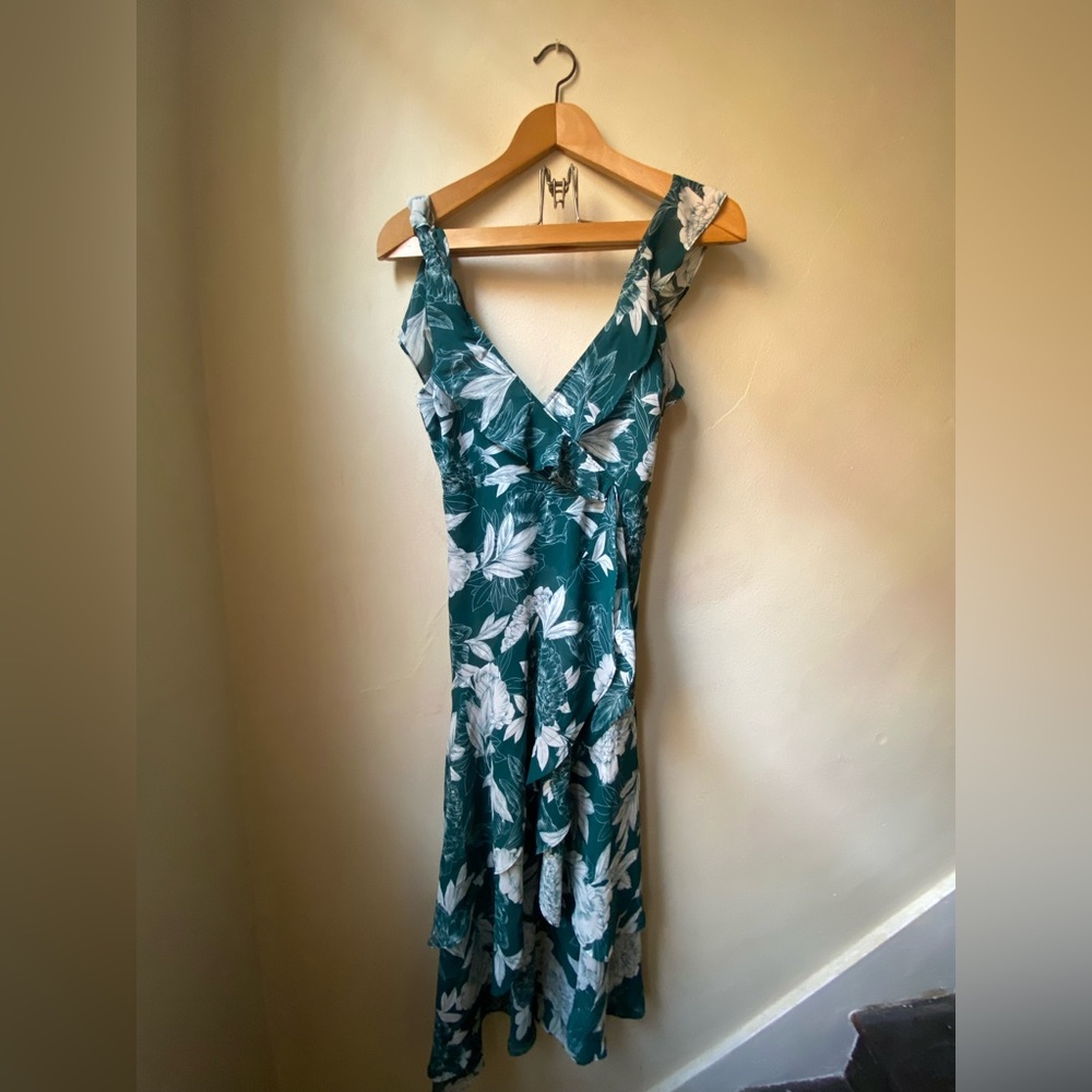 Blue and White Floral Mid Wrap Dress